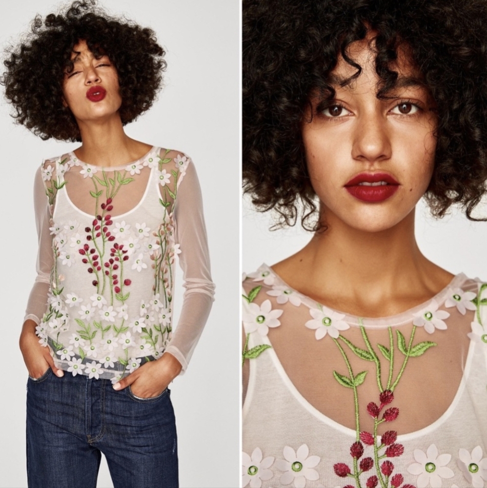 Zara Embroidered Mesh Top